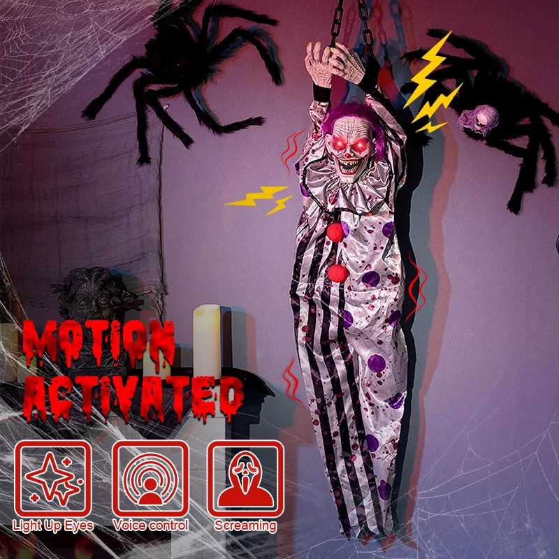 

Halloween Scary Clown Hanging Animated Decor with Chain Light Up Voice Control Talking Shaking Outdoor Yard Haunted House Prop