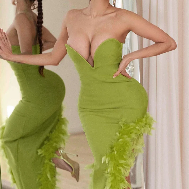 

Zabrina Strapless Sleeveless Birthday Dresses For Women Sexy Deep V Chest Show Slim Fit Feather Bodycon Vestidos Trendy Skirt