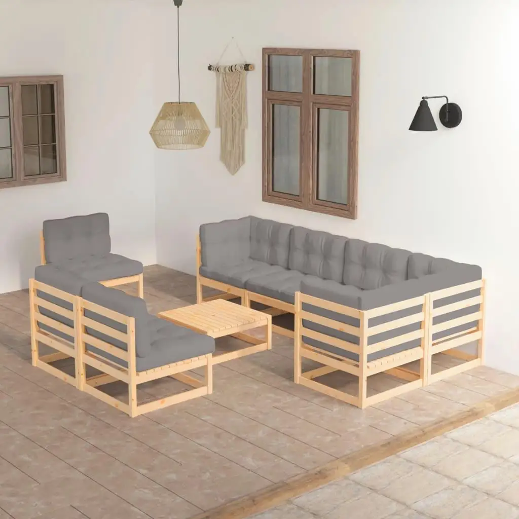 9-Piece Solid Wood Pine Patio Lounge Set with Cushions - Stylish Outdoor Furniture 2