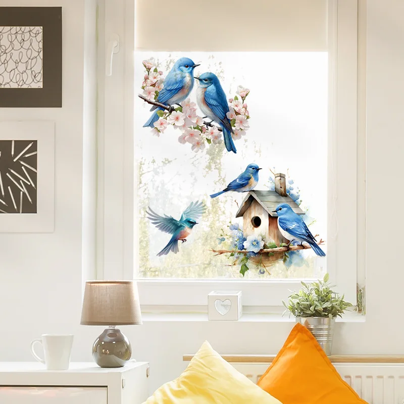 Toilet Stickers Removable Blue Bird Sticker for Toilet Lid with House Plant and Floral Design Suitable for Bathroom and Home Use Waterproof PVC