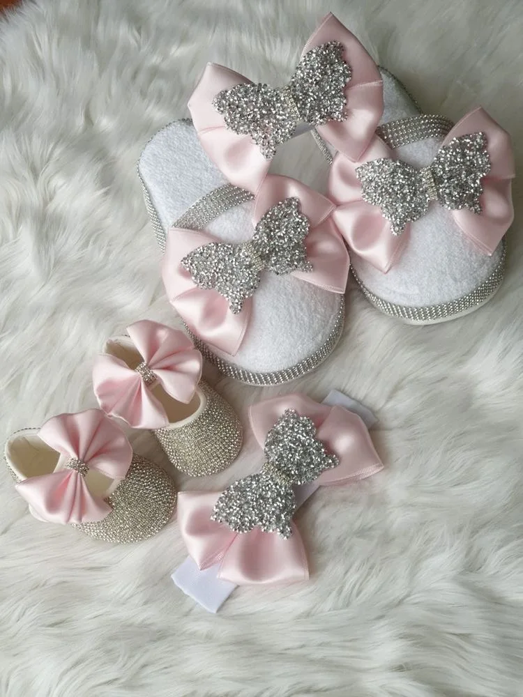 dollbling卸売ピンクちょう結び高級女の子幼児新生児カジュアル布靴とラインストーン