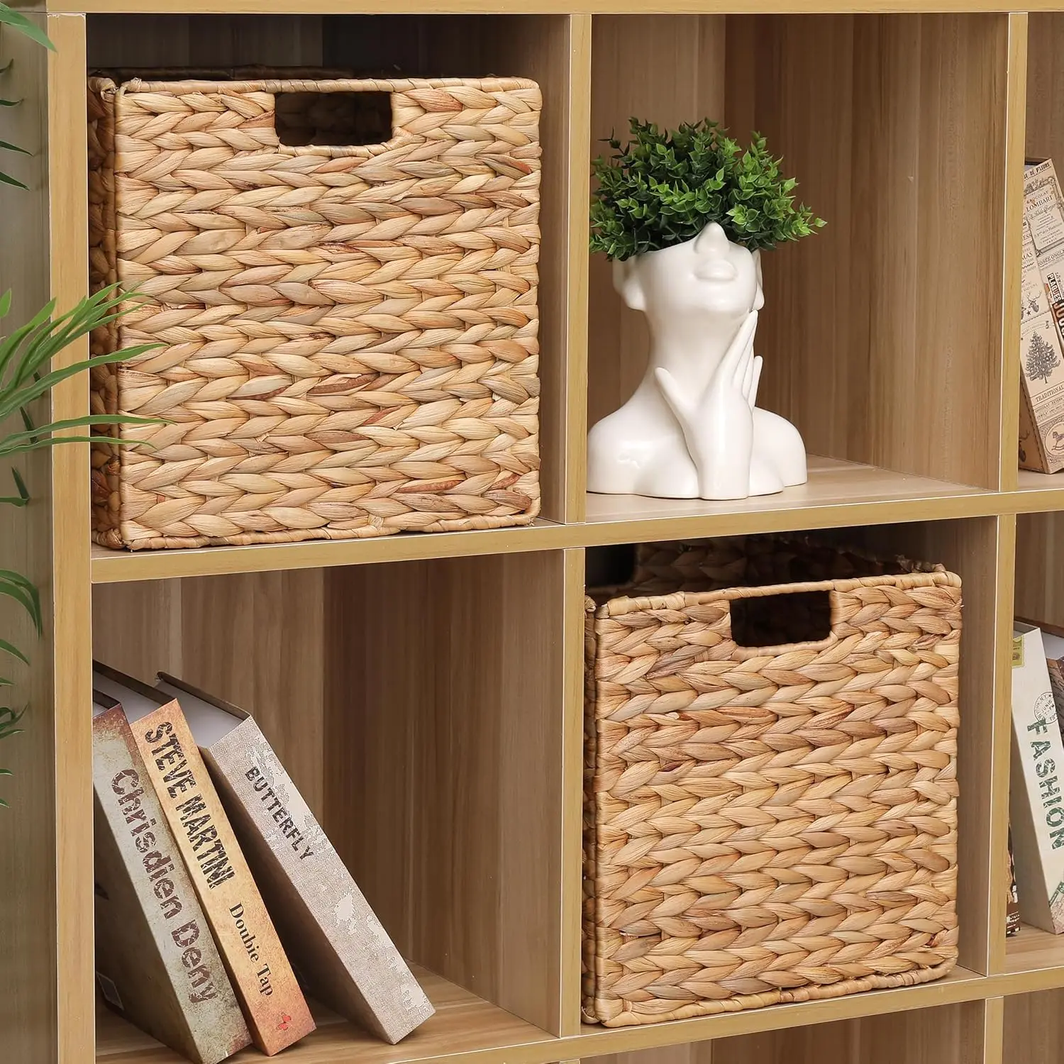 12 x 12 x 12in Water Hyacinth Storage Baskets, Wicker Storage Baskets for Shelves, Foldable Square Baskets for IKEA Kallax Set o 5