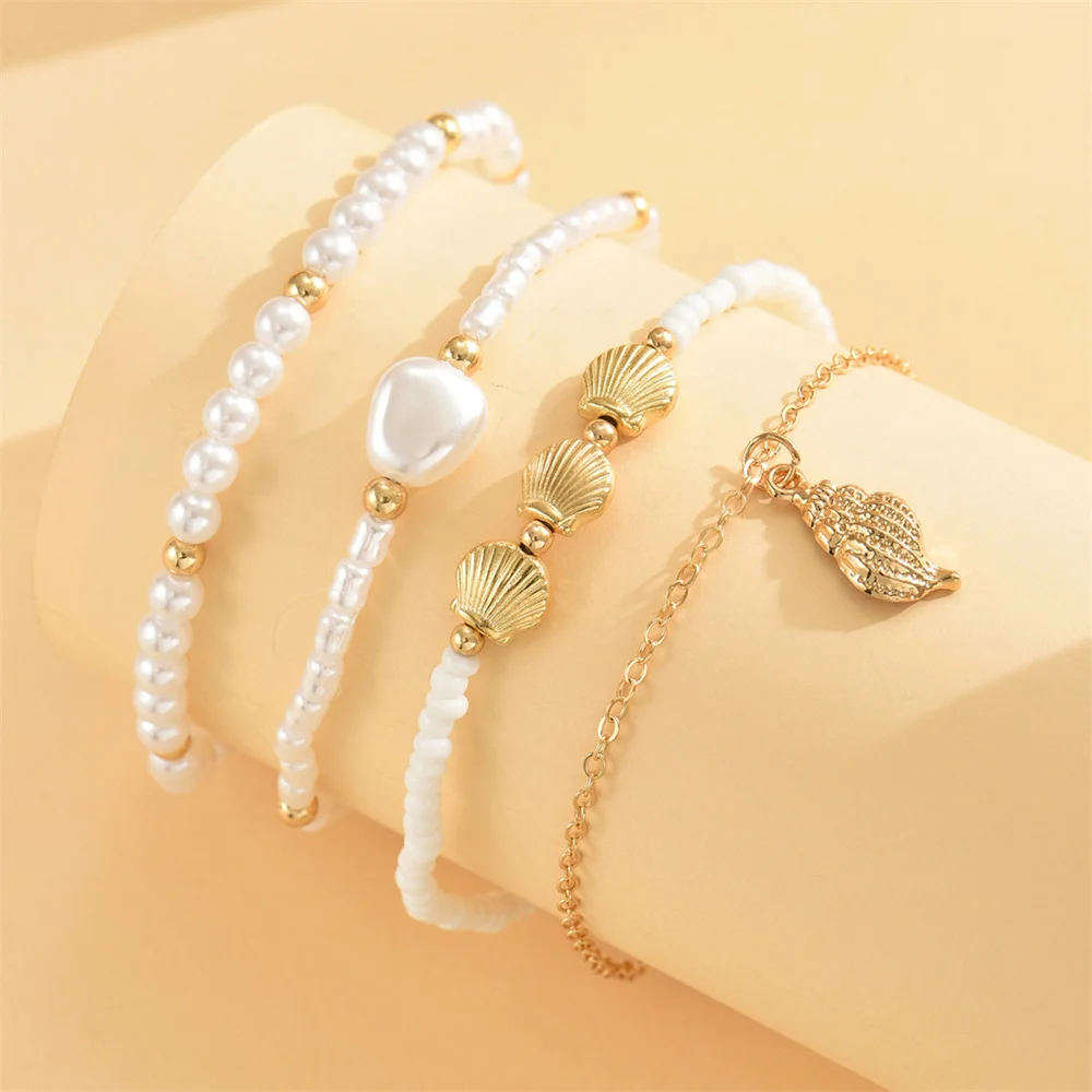 Shell Conch Pendant Foot Chains Sets Simulated Pearl Rice Beads Anklets For Women Gold Color Ankle Bracelet Summer Beach Jewelry