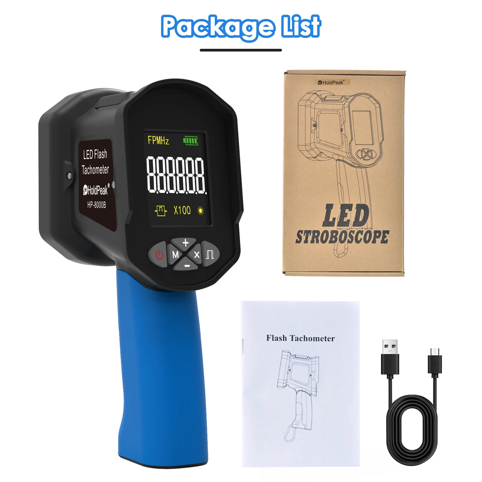 Tacómetro estroboscópico Digital de mano, tacómetro estroboscópico sin contacto, de alta precisión, recargable, con Flash LED, 60-99999 FPM, 0.001%
