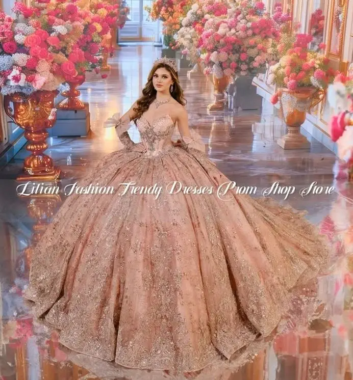 pink-orang vestidos de 15 a&ntilde;os Luxury Pink Diamante Beaded Applique Cathedral Train Mexican Prom Dresses Dresses gala Customised
