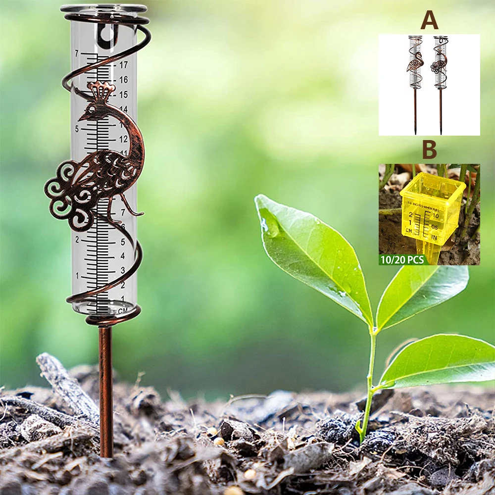 Rain Gauge Metal Spiral Rain Gauge 7Inch Capacity Outdoor Water Gauge Durable Rain Falling Measuring Instrument with Ornament