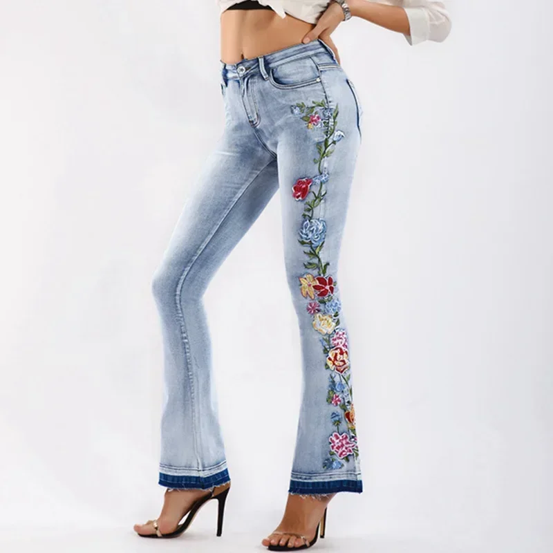 Flare Jeans for Women Vintage Embroidery Flared Jeans Push
