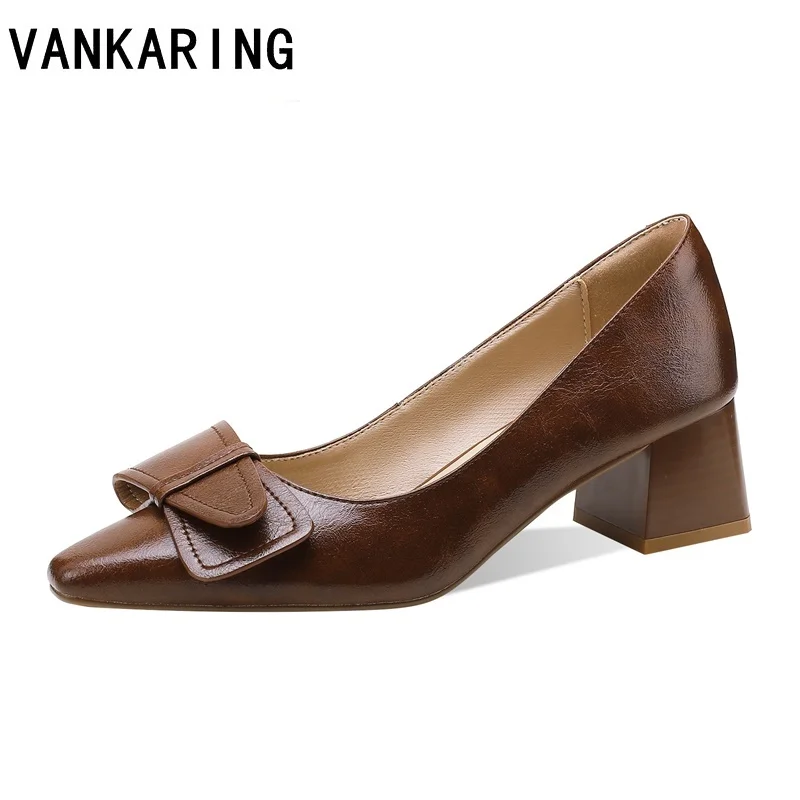 classic thick heel bow decoration lady pumps simple square head genuine