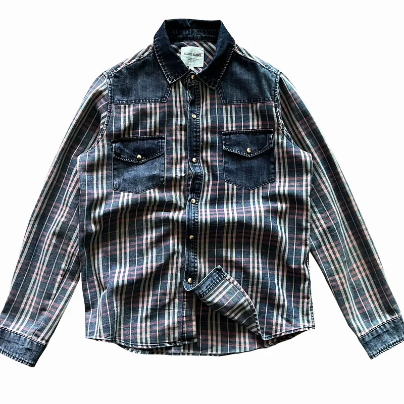 American Vintage Casual Colors Striped Patchwork Denim Shirts for Men Stylish Spring Autumn Clothes Y2k Youth Male Tops