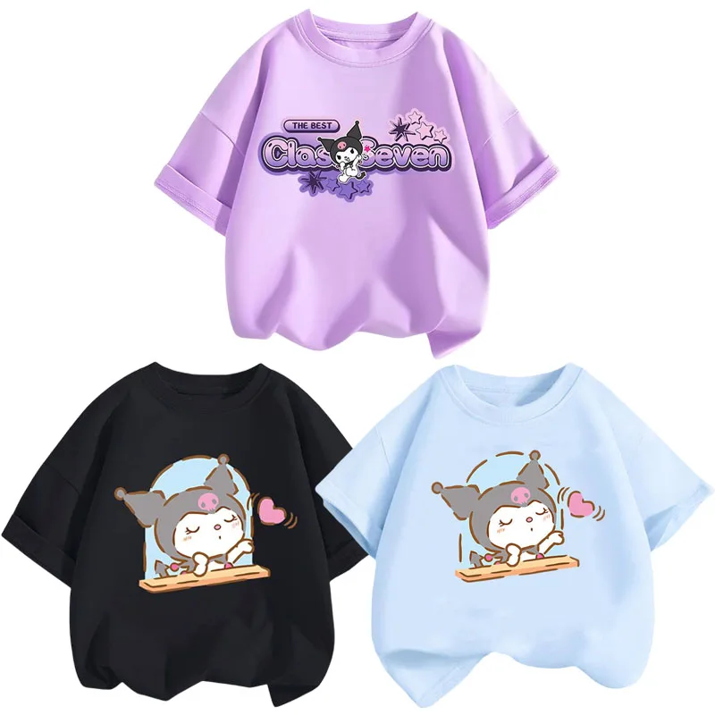 

Детская летняя одежда Sanrios с аниме Kuromi, топы с коротким рукавом, мультяшная Милая футболка с милым принтом для девочек