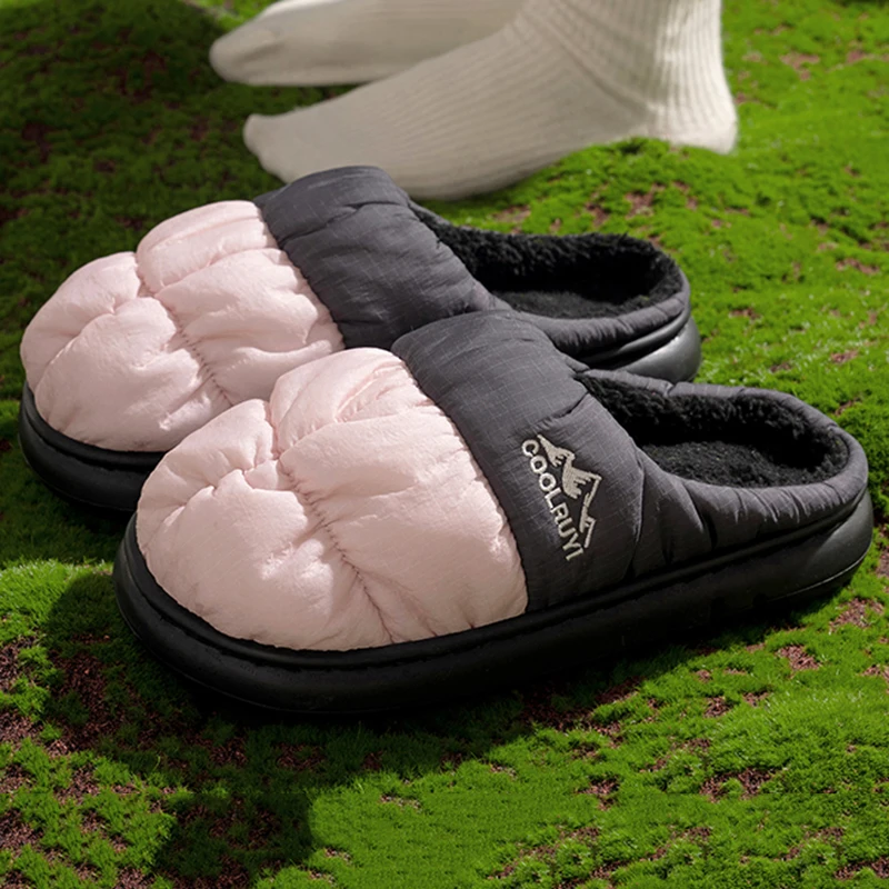 Autumn Winter Thick Sole Waterproof Slippers Women 2025 New Outdoor Non Slip Cotton Slippers Woman Indoor Soft Sole Plush Slides