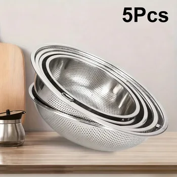 5pcs Stainless Steel Kitchen Hole Dense Colander Strainer Sieve Baskets