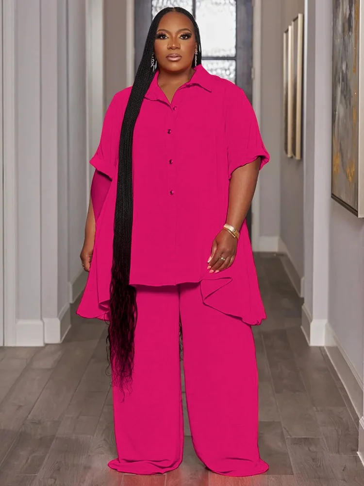 Wmstar Women Plus Size Two Piece Set 5XL Summer Casual Solid Button T Shirt Wide Leg Pants Female Outfits Wholesale Dropshipping