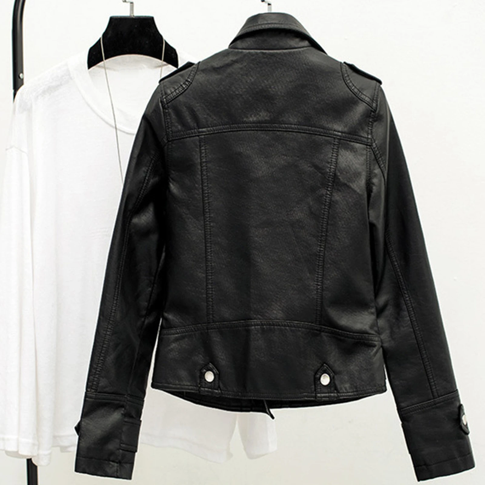 Female's Biker Lapel Jacket Classic Faux Leather Biker Jacket For Daily Going Out Or At Home