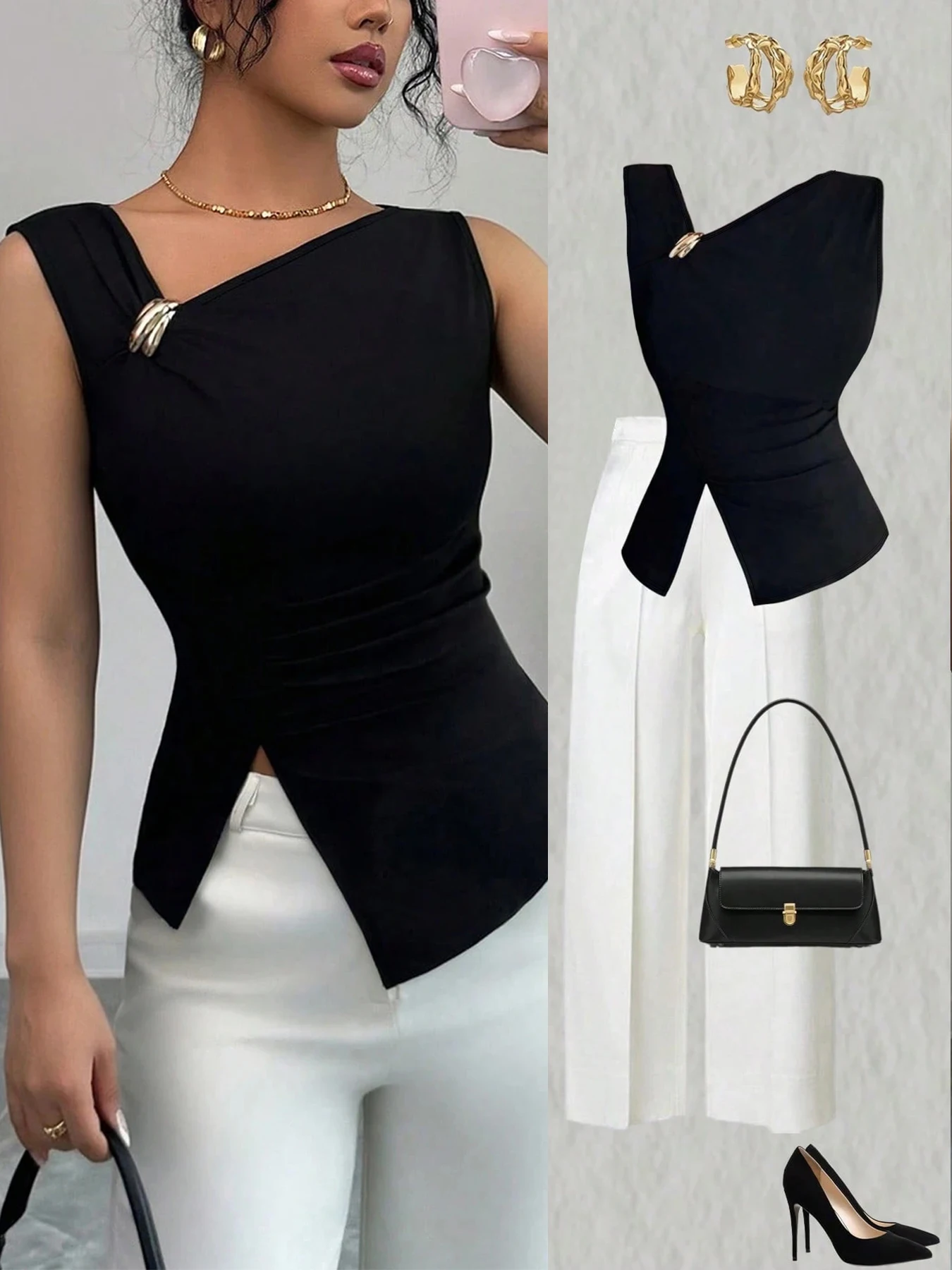Womens Tank Top Asymmetric Ruched Split Decor Tank Top Ruched Blouse Fitted Elegant Chic Apparel Tops Spring Summer Daily Shirts 1