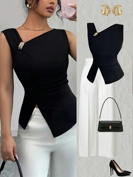 Womens Tank Top Asymmetric Ruched Split Decor Tank Top Ruched Blouse Fitted Elegant Chic Apparel Tops Spring Summer Daily Shirts 1