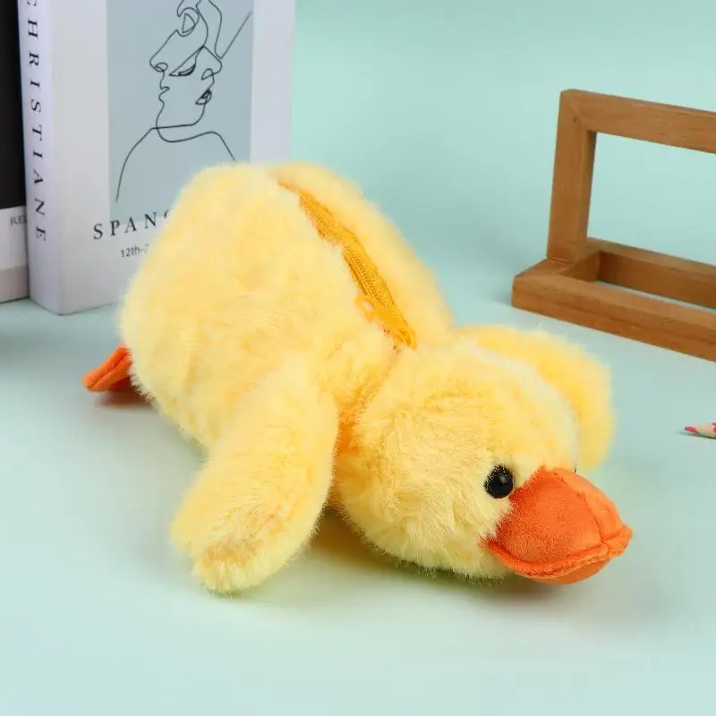 귀여운 노란 오리 플러시 연필 케이스 부드러운 인형 펜 가방 어린이를위한 다기능 연필 케이스 학생 문구 선물