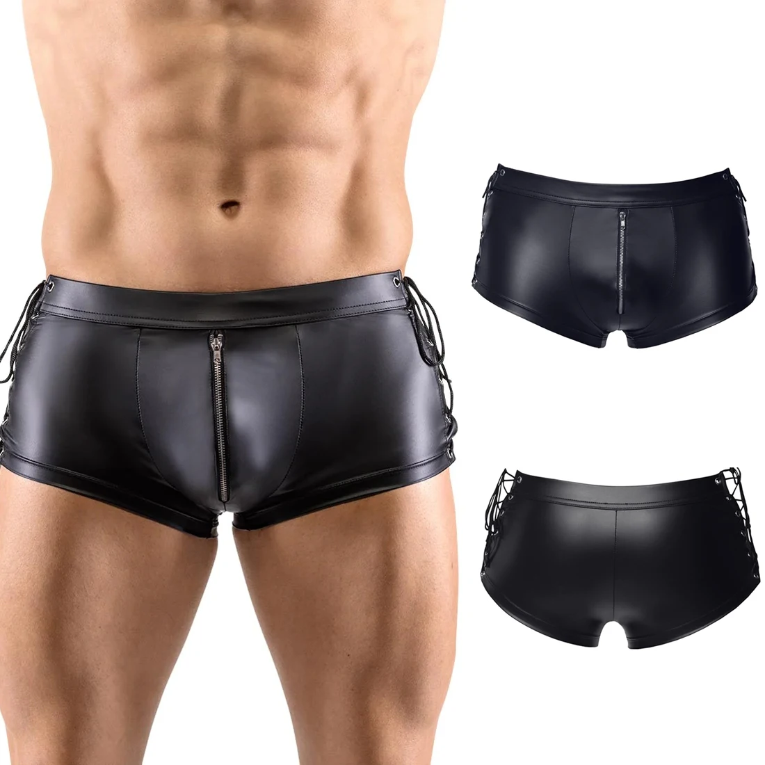 Men Faux Leather Exotic Pants Lacing Hollow Out Wetlook Zipper Open Crotch Shorts Fetish Tight Low Waist Latex Trousers Bondage