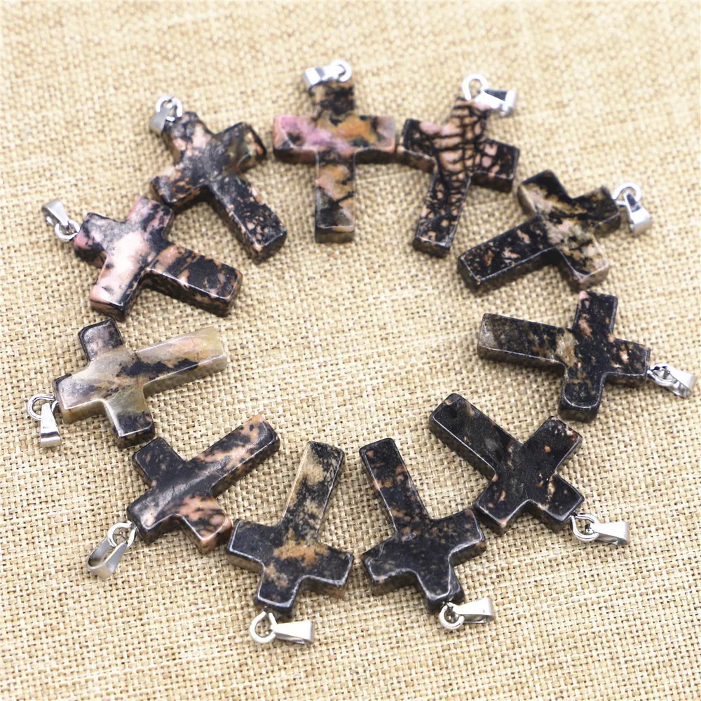 Natural Rhodonite Stone Cross Jesus Christ Pendants Spiritual Charms Slide for Fashion Jewelry Necklace Making 24pcs Wholesale