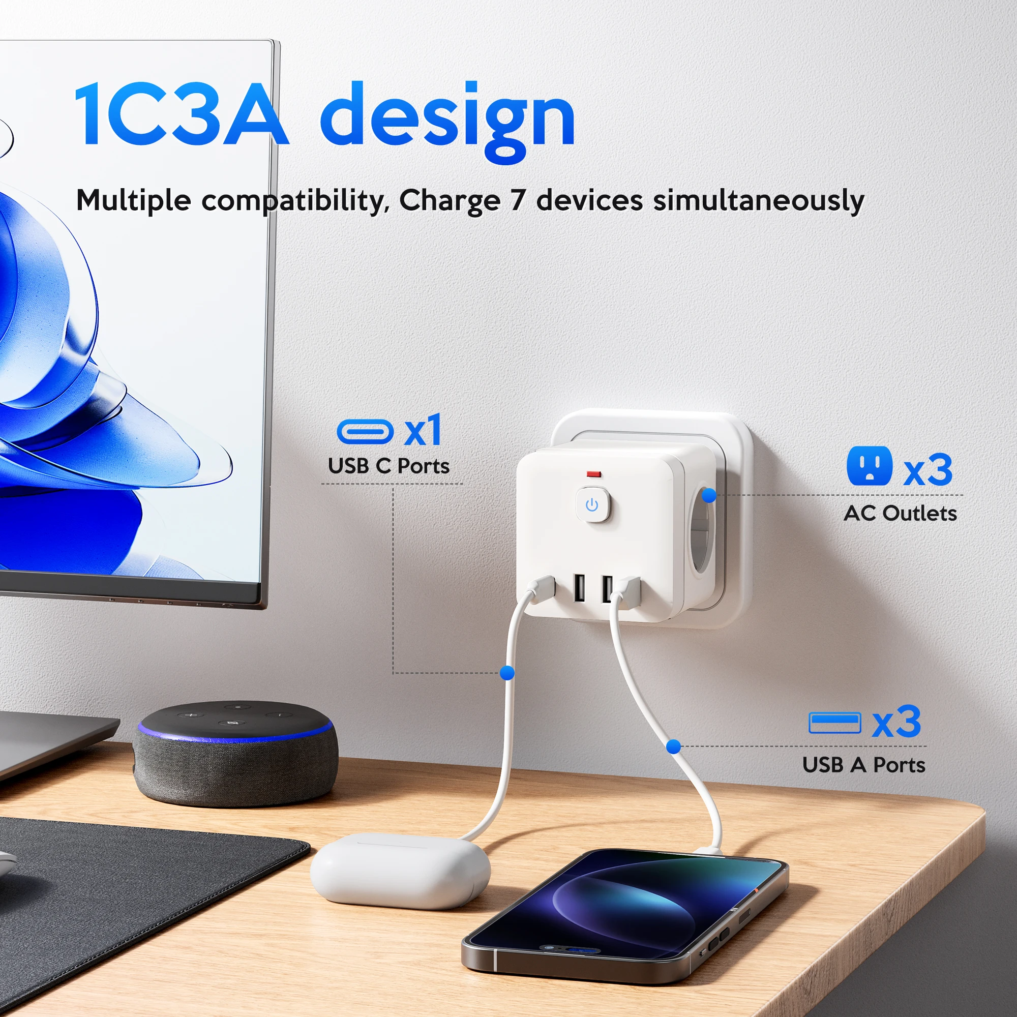 USB 포트 3개, Type-C 포트 1개, AC 소켓 3개, 서지 방지 다기능 여행용 충전기를 갖춘 7-in-1 유럽 전원 확장기