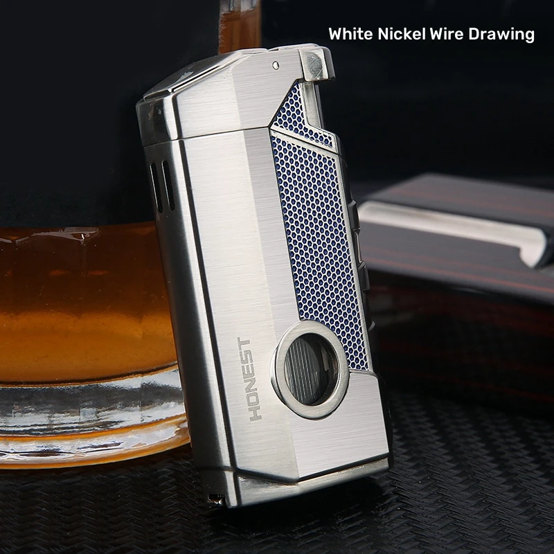 Honest Windproof Three Fire Direct Blue Flame Lighter Inflatable Gas Lighter with Cigar Tool High-end Business Men's Gift 5