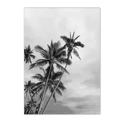 Monochrome Palm Tree and Sea Waves Beach Canvas Art - Nordic Coastal Wall Decor - 40x50cm No Frame (E)