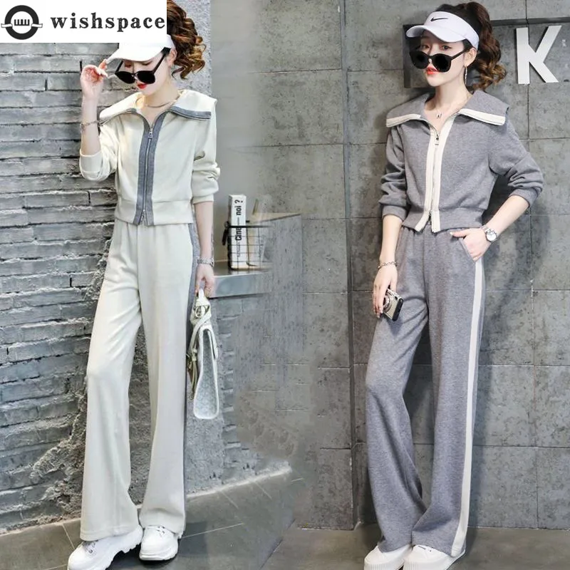 Sports and Leisure Set Women's Spring and Autumn 2023 New Korean Fashion Top Age Reducing Wide Leg Pants Two Piece Set