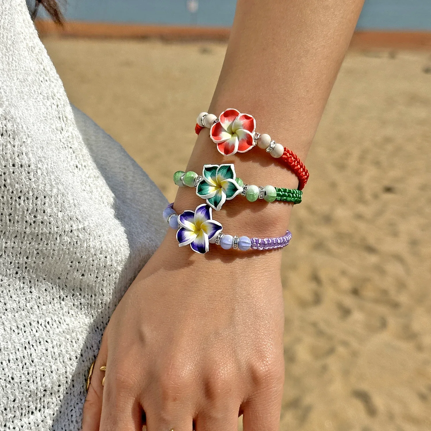 Bohemian Sweet Colorful Flowers Bracelet for Women Handmade Rope Polymer Clay Flower Adjustable Bracelet Friendship Jewelry Gift