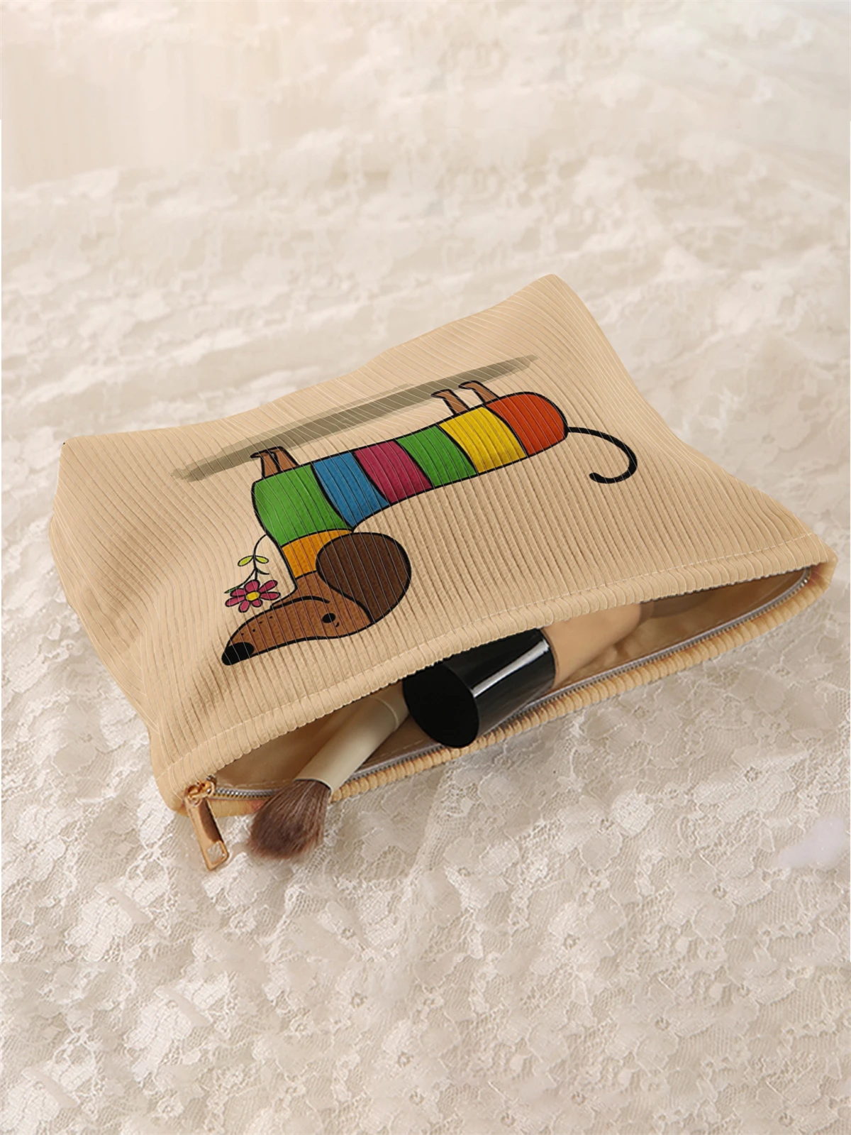 1pc cartoon dog pattern printed corduroy makeup bag, lightweight zipper makeup storage box, multifunctional bag with lining