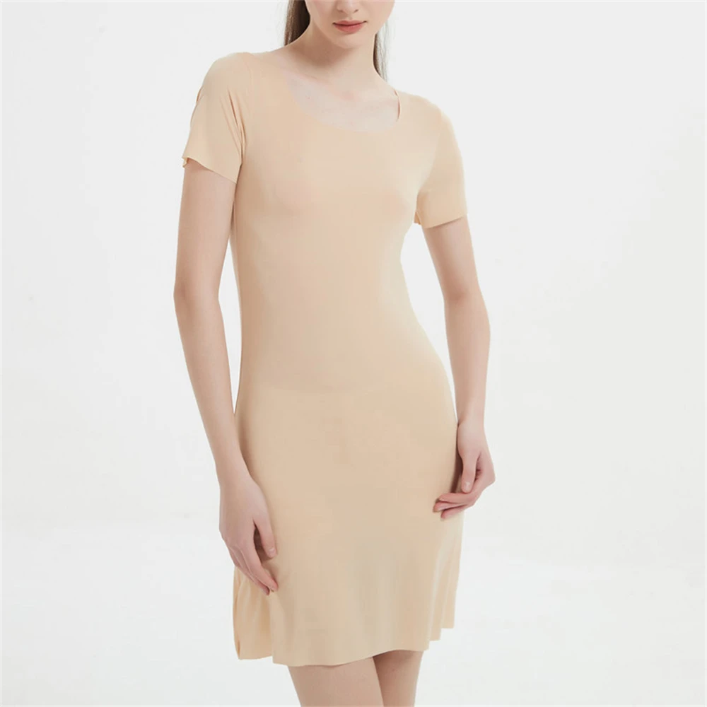 summer sexy Seamless Ice Silk Full Slips Dresses For Women Thin Short Sleeve Mini Cool Petticoat Underkirt Sleepwear Dress