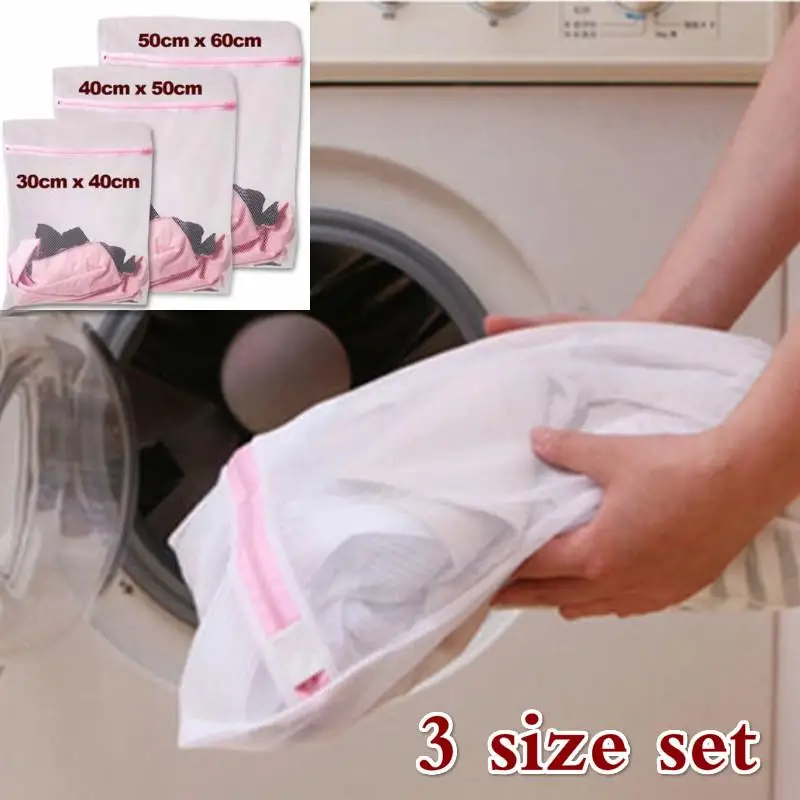 3 Size/set Zippered Mesh Laundry Wash Bags Foldable Delicates Lingerie
