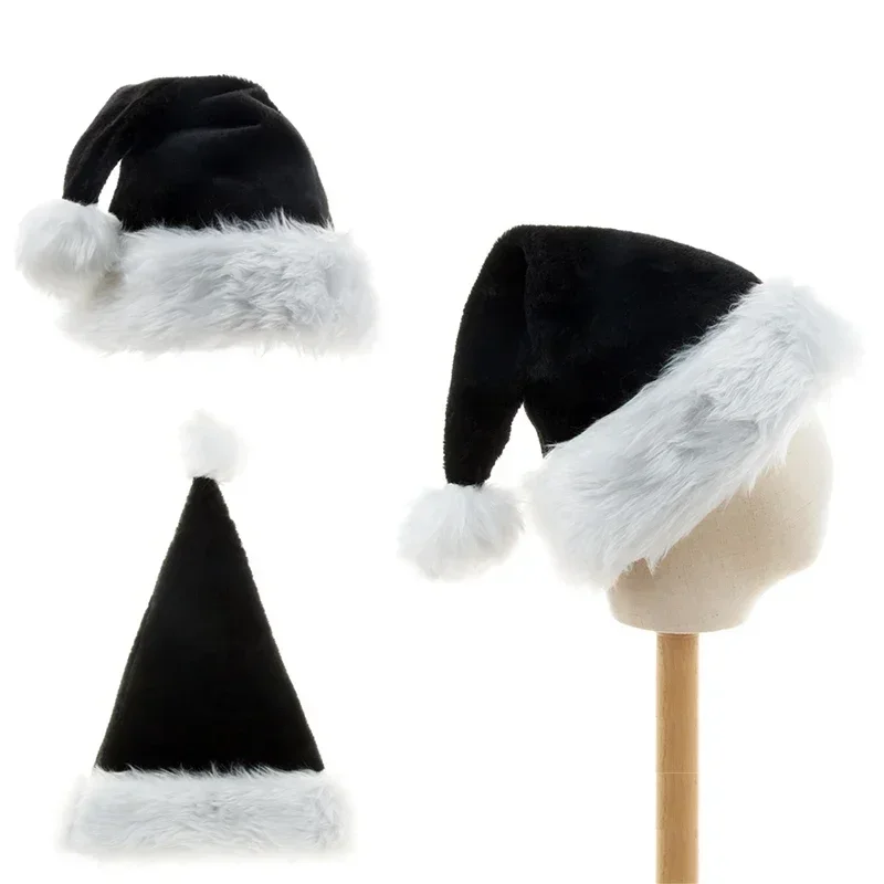 Unisex Xmas Black Plush Christmas Hat for Adults Kids Comfortable Santa Claus Cosplay Supplies Christmas Party Decor Gift