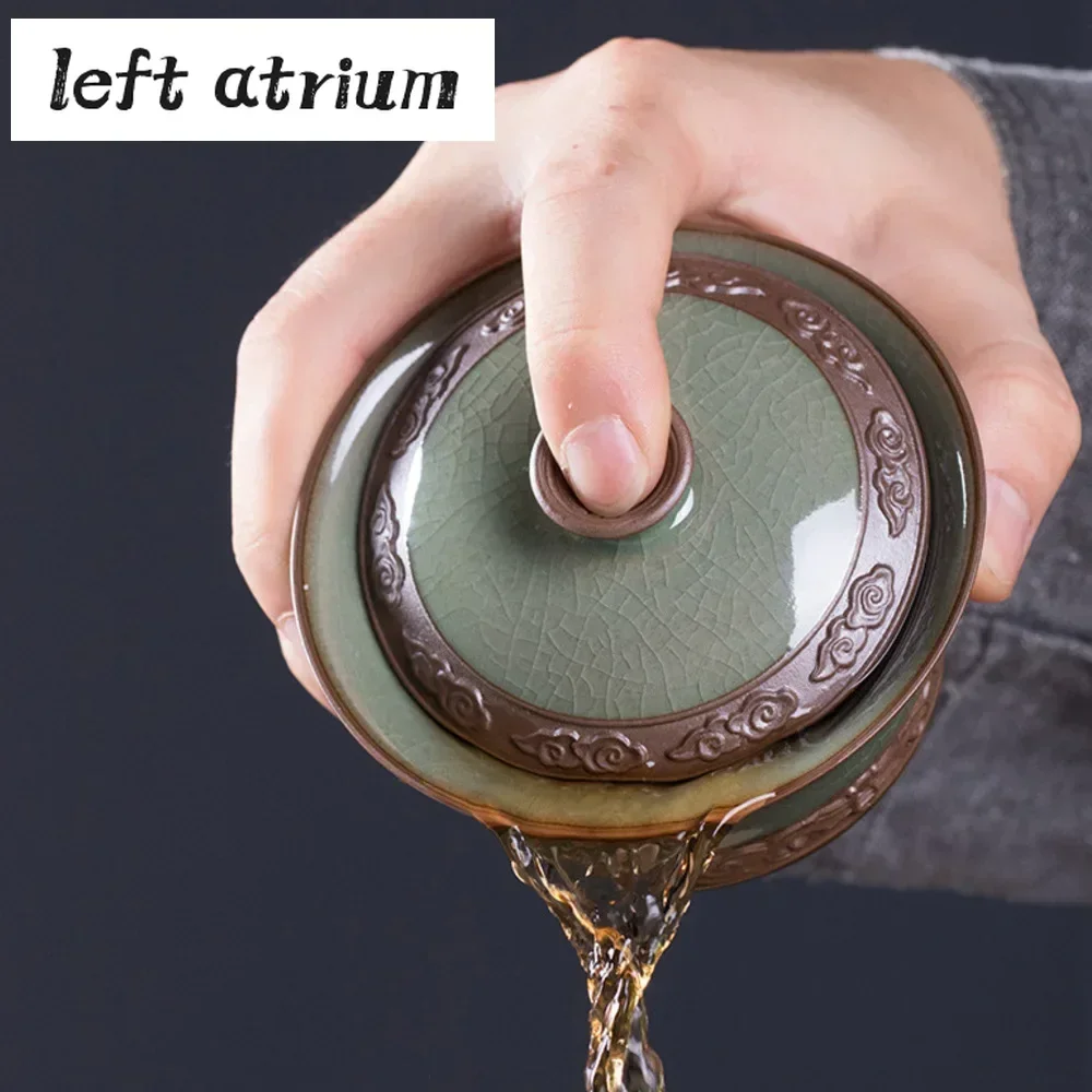 200ml Longquan Celadon Cover Bowl Ge Kiln Ice Cracking Hand Grab Bowl with Lid Kung Fu Teaset Sancai Cover Tea Maker Gaiwan