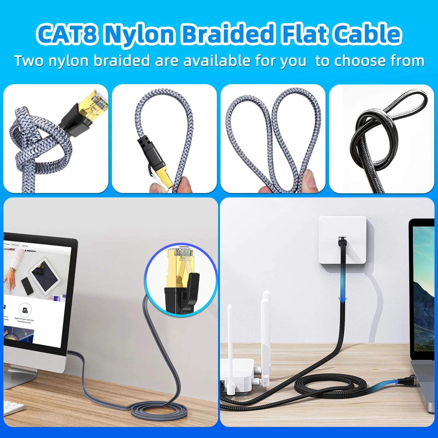 High-Speed CAT 8 Ethernet Cable - Nylon Braided Flat Internet Network Patch Cord, Shielded, 40Gbps, Various Lengths Available