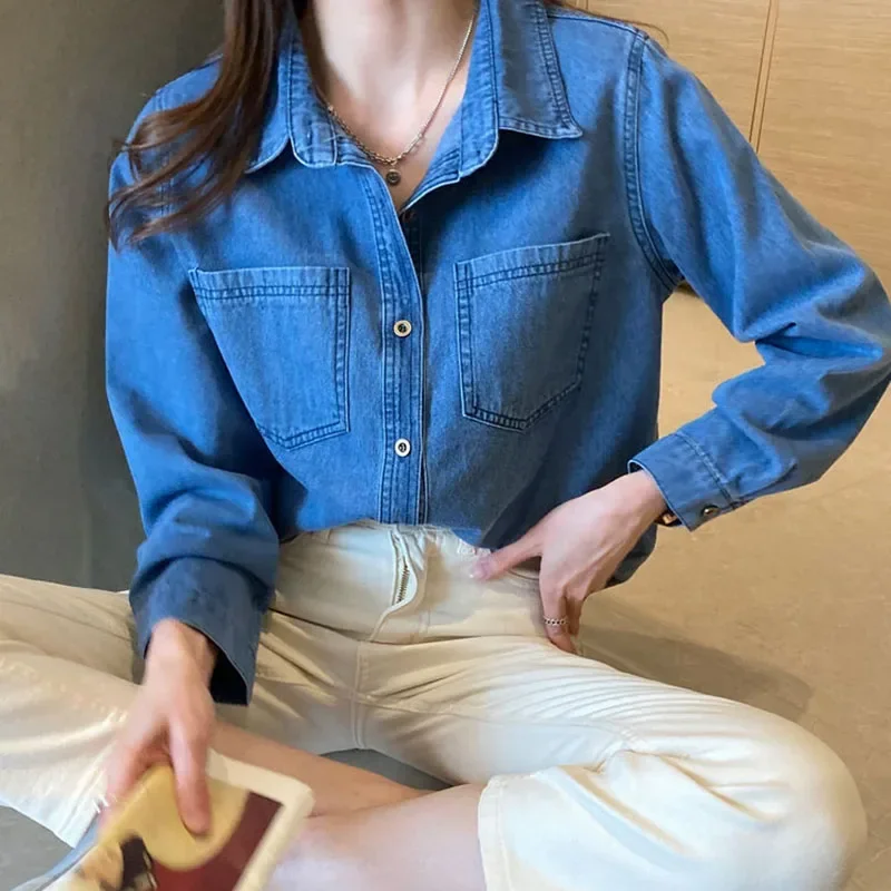 여성용 싱글 브레스트 청바지 블라우스, 블루 데님 셔츠, 여성용 주머니, 느슨한 패션 라펠, 카우보이, V1543, 가을, 신상