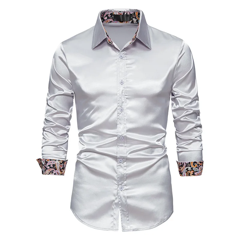 

Mens Solid Color Silk Stain Luxury Dress Shirts Hipster Patchwork Paisley Tuxedo Shirt Men Long Sleeve Party Shirt Male Chemise