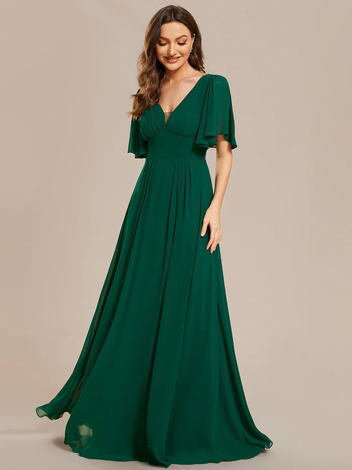 Ever Pretty Simple Chiffon Short Sleeves Empire Waist V Neck A-Line Maxi Bridesmaid Dress