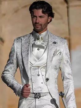 Abito da uomo in jacquard Abito da 3 pezzi Sposo Party Tuxedo Giacca formale da uomo da sposa Pantaloni Gilet Abito personalizzato slim fit da uomo