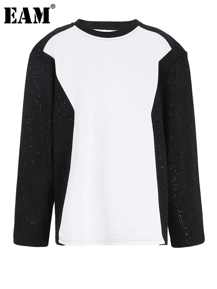 

[EAM] Black Color-block Shining Sweatshirt New Round Neck Long Sleeve Women Big Size Fashion Tide Spring Autumn 2023 CPG1149
