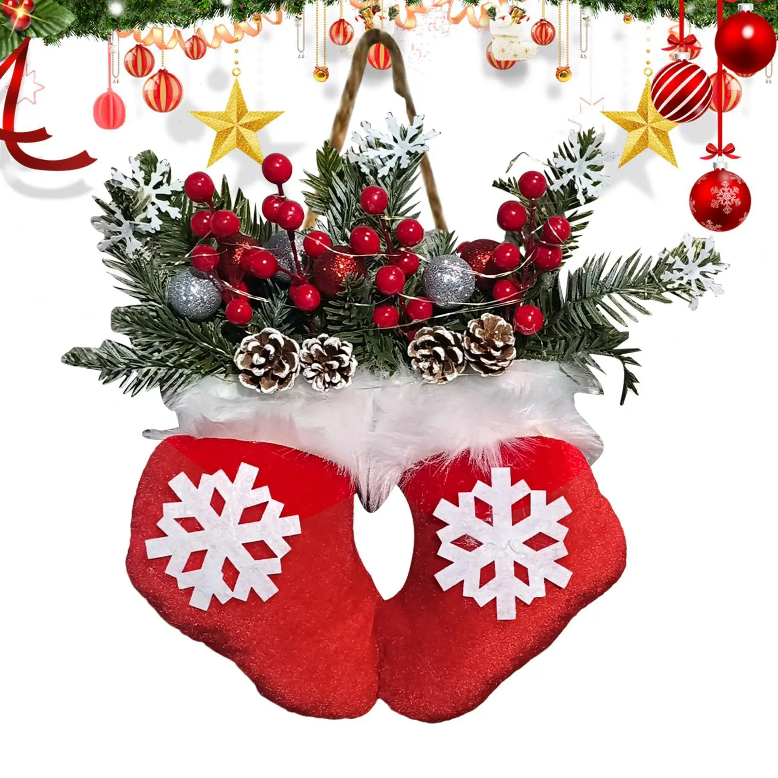 Weihnachtssocken, Fäustlingskranz, künstliche Beeren, künstliche Beeren, Tannennadeln, Weihnachtshandschuhkranz mit LED-Leuchten für die Tür – Detail 14