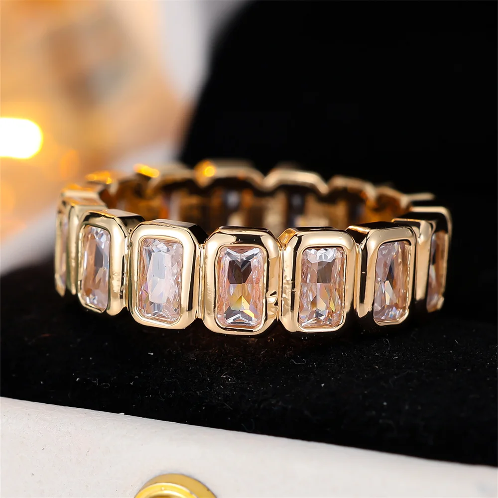 Geometric White Zircon Rectangle Stone Rings For Women Vintage Gold Color Engagement Bands Wedding Jewelry Bridal Versatile Gift