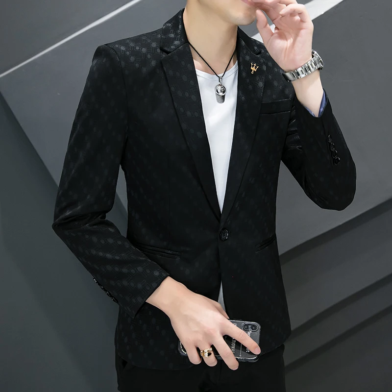 Men's Boutique Fashion Wave Dot Leisure Business Suit Jacket Blazer Groom Wedding Dress Party Performance Host Coat