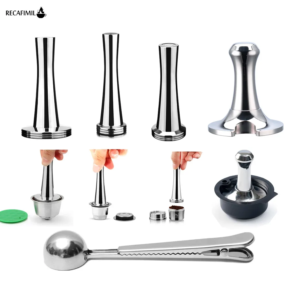 Tamper Café Martelo em pó Pressionando para Dolce Gusto Nespresso Delonghi Bocsh Cápsula & Portafilter com Colher Aço Inoxidável