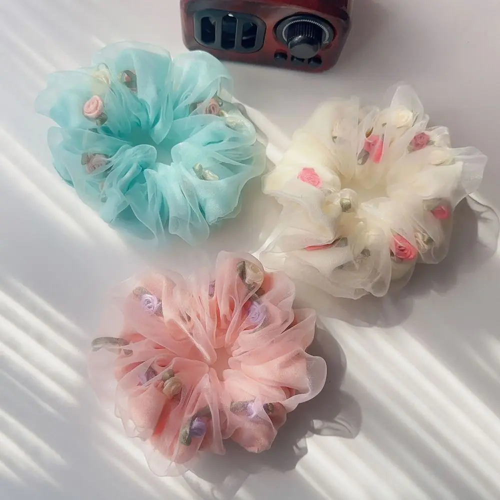 

Headwear Stylish Hair Rope Double Layer Ponytail Holder Hair Rubber Bands Mesh Flower Scrunchies Women Hair Ties Rose Flower