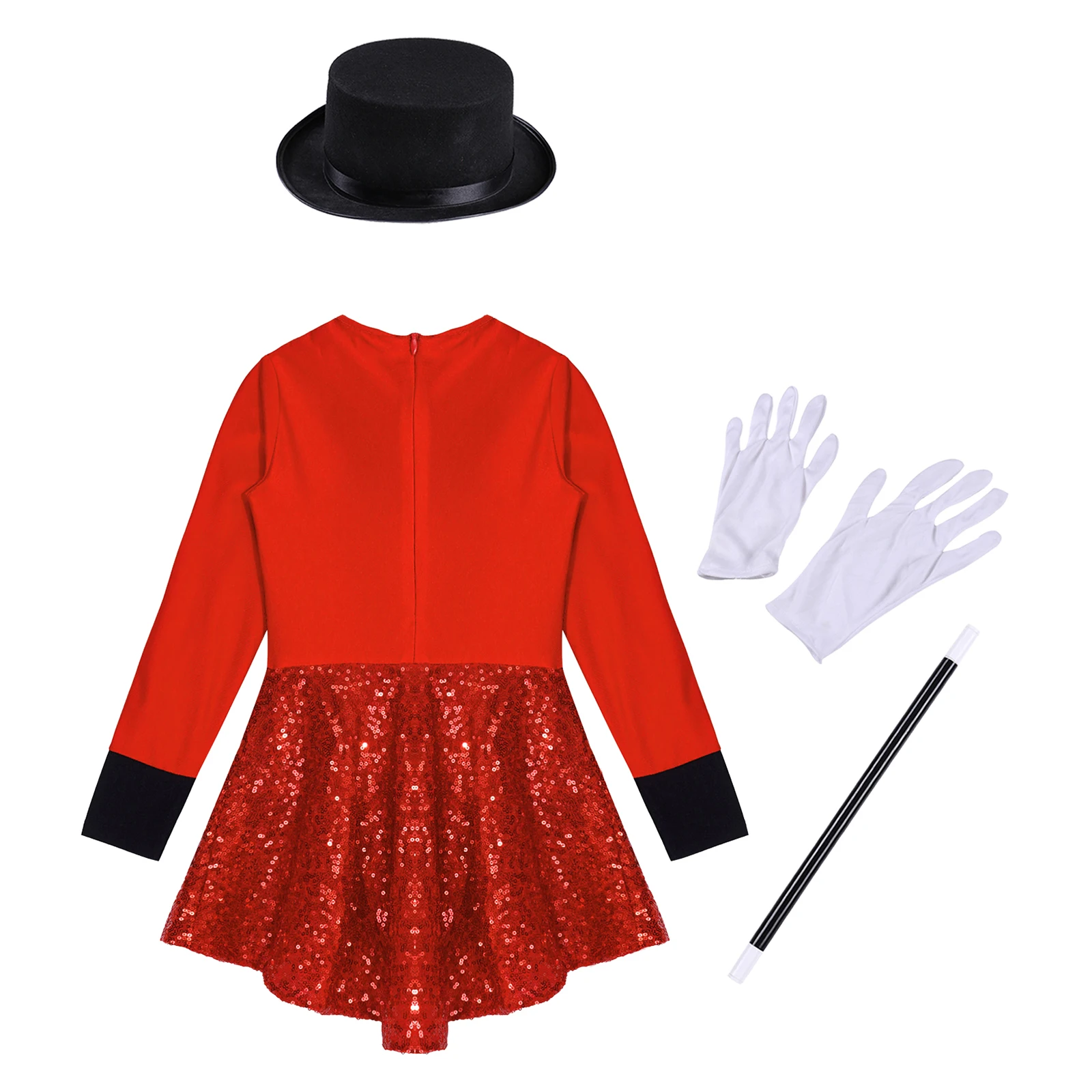 Girls Magician Circus Costume Dress Shiny Sequin Leotard with Hat Magic Wand Gloves Set Halloween Party Carnival Suit for Kids