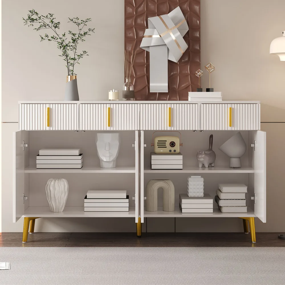Sideboard mit goldenen Griffen und Beinen, 4 Türen, 4 Schubladen, mit abnehmbarem Laminat, für Wohn- und Esszimmer, 140 x 38 x 82 cm. – Detail 31
