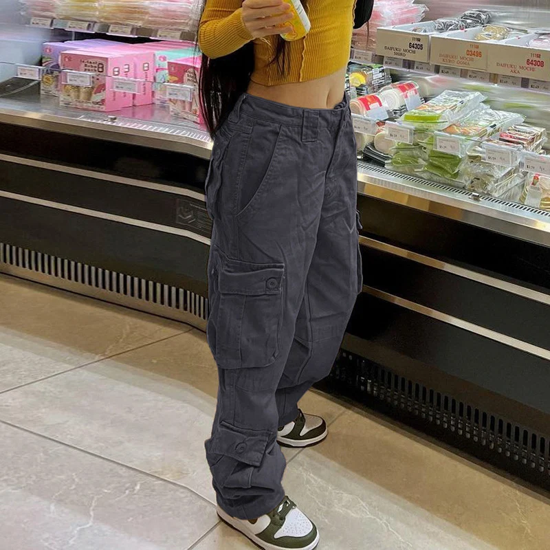 Autumn Winter Street Style Loose Casual Pockets Denim Cargo Pants Ladies Harajuku Y2K All-match Jeans Women Solid Color Trousers