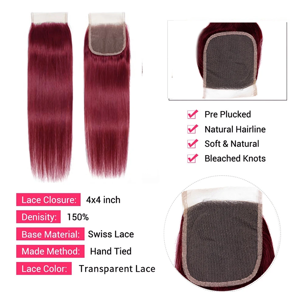 Human Hair Bundles 99J Straight With 4x4 Closure Reddish Brown Burgundy