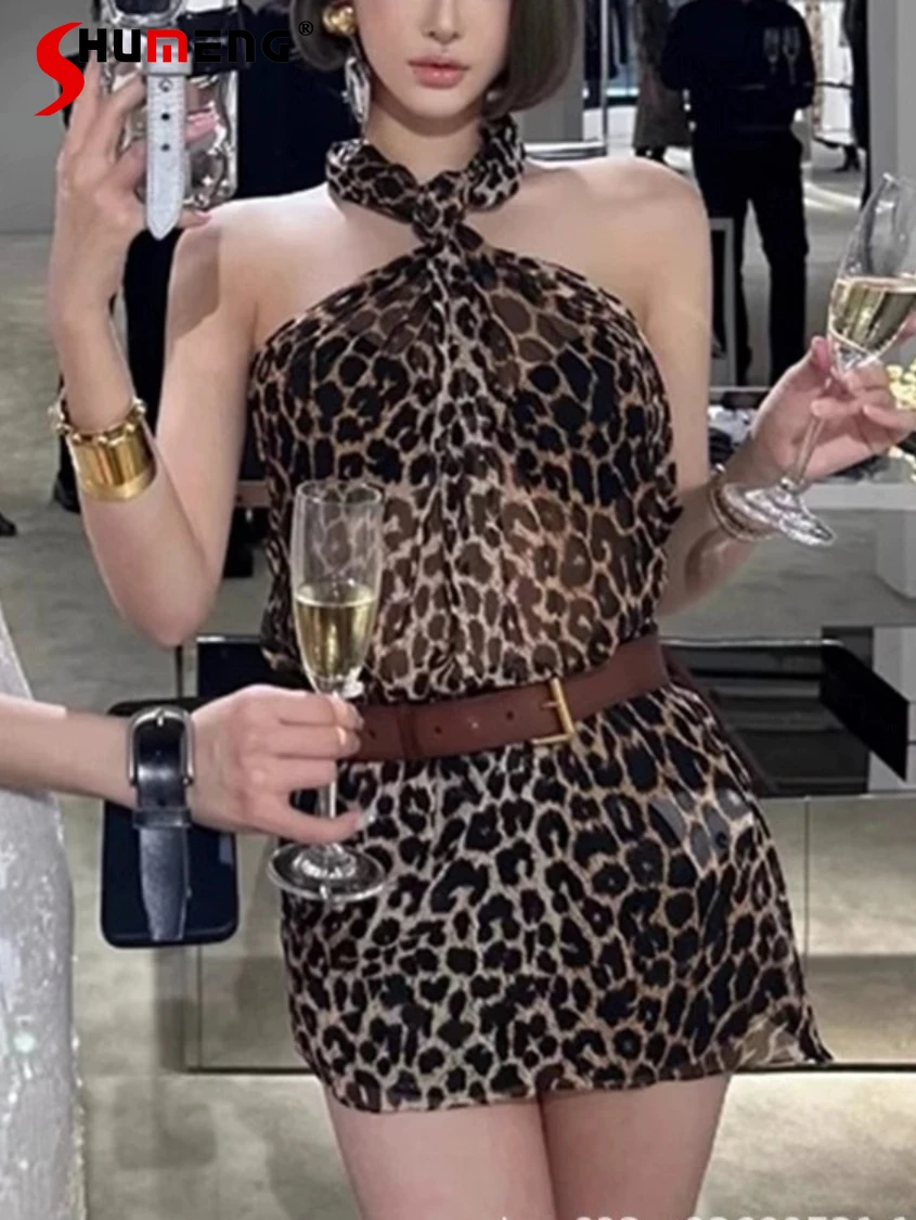 

Sexy Leopard Print Dresses Women's 2024 Spring New High-End Temperament Socialite Dress Hot Girl Backless Slimming Dresses