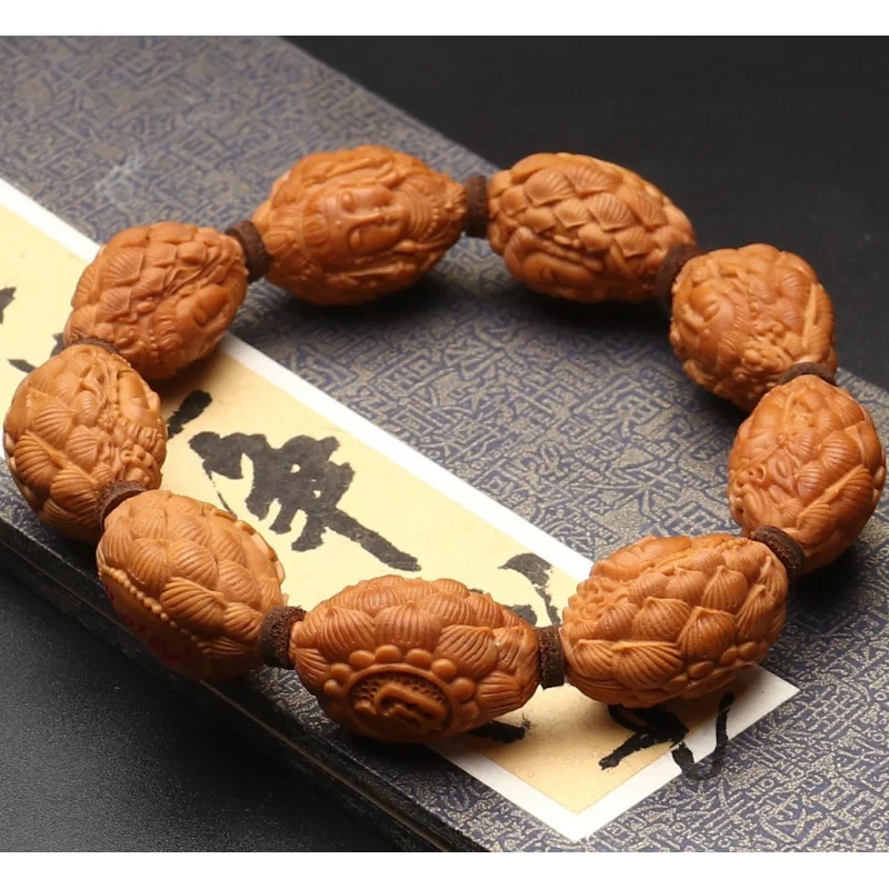 

New Product Nut Hand Carved on the Lotus Throne Handheld Bracelet Olive Hu Stone Carving Guanyin with Certificate